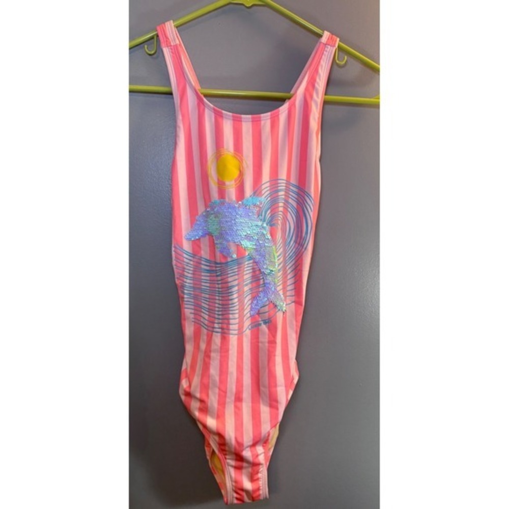Lands' End‎ Girls Pink Striped Sequin Dolphin One Piece Swimsuit Size 14